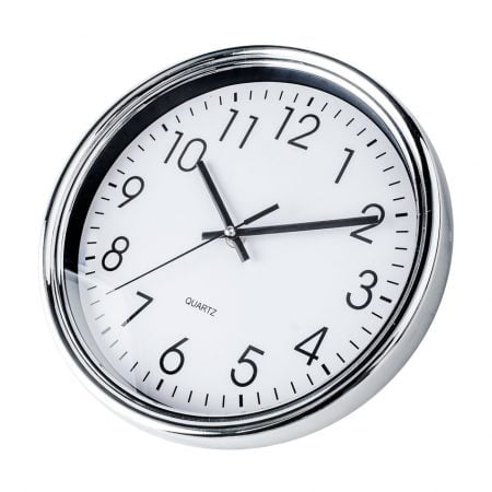 Round white and chrome-plated kitchen clock