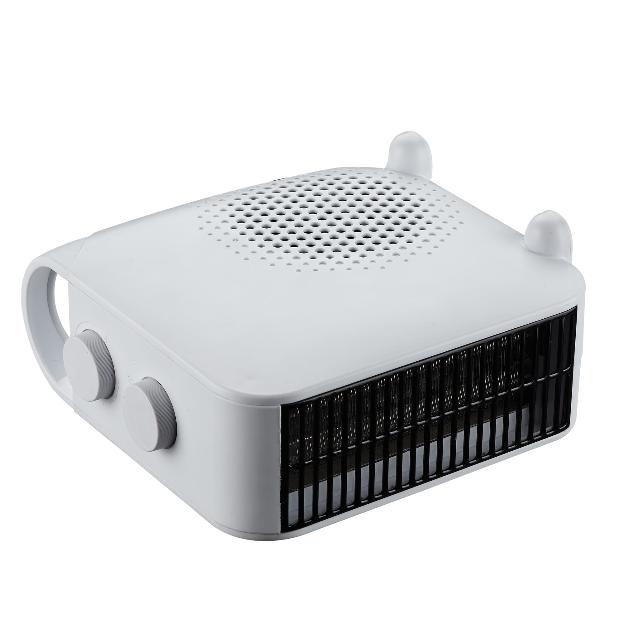 Calefactor Küken en posición horizontal mostrando mandos laterales y rejilla frontal, ideal para espacios reducidos.